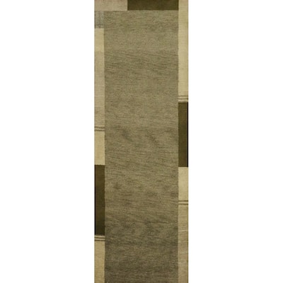 Hand Knotted Oriental 100% Wool Carpet Modern Solid Green Gabbeh Runner Rug - 9' 10'' X 2' 8''