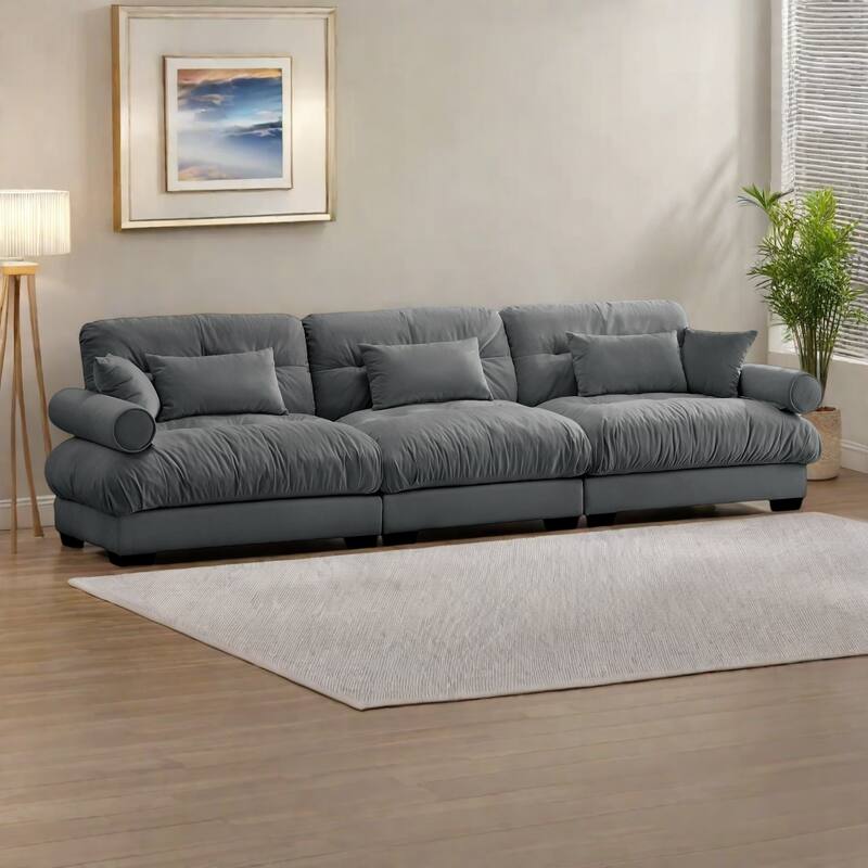 130" Velvet Modular 5-Seat Sofa with Cloud Cushion Sectional and Bolster Headrests - Gray