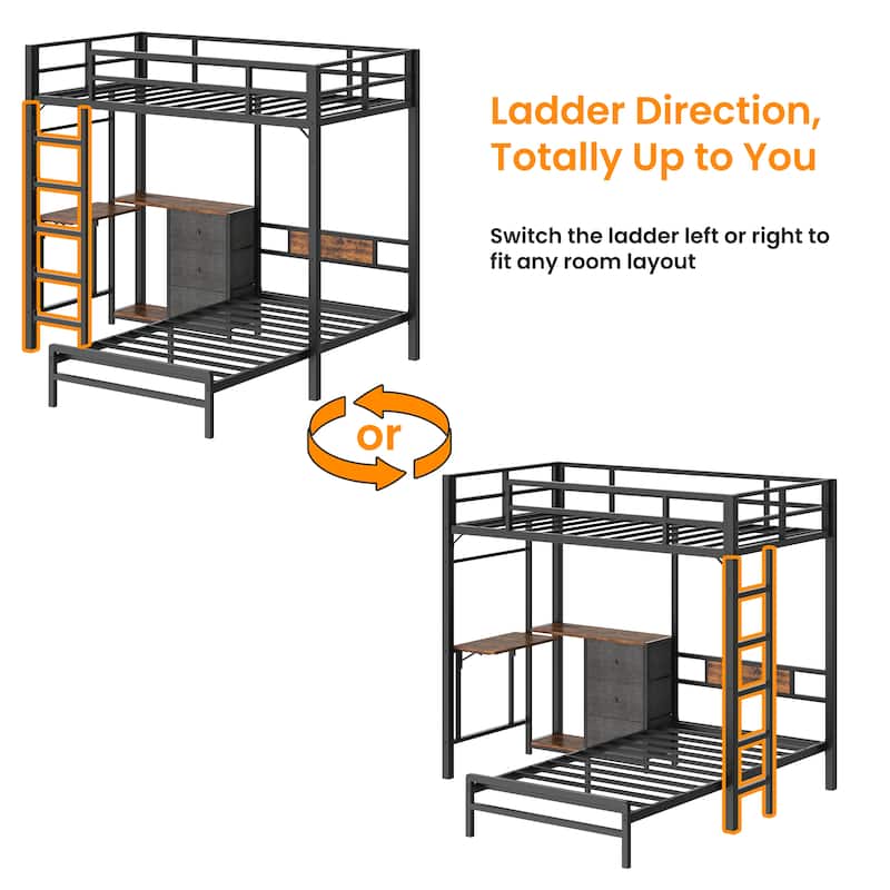 Metal Bunk Bed with Folding Table, 3 Storage Drawers, LED Lights & USB Ports