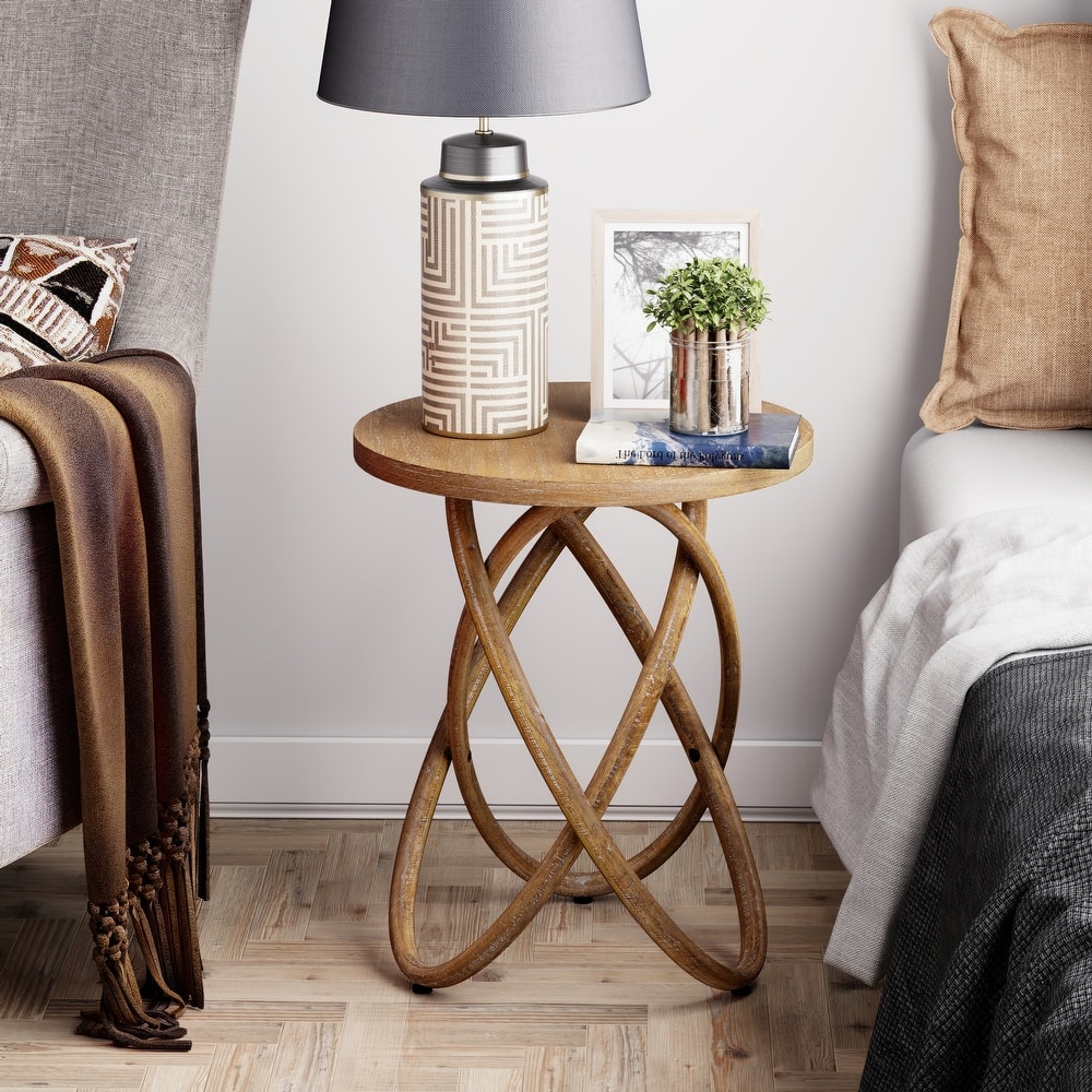 COZAYH Farmhouse End Table Round Wood Side Table Rustic Plant Stand With Intertwined Line Design
