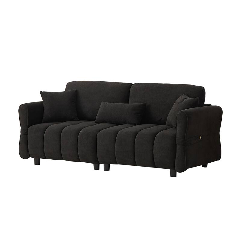 80'' Chenille Fabric Sofa with Lumbar Pillow, 3-seater Upholstered Sofa Chaise with 2 Cushions for Livingroom