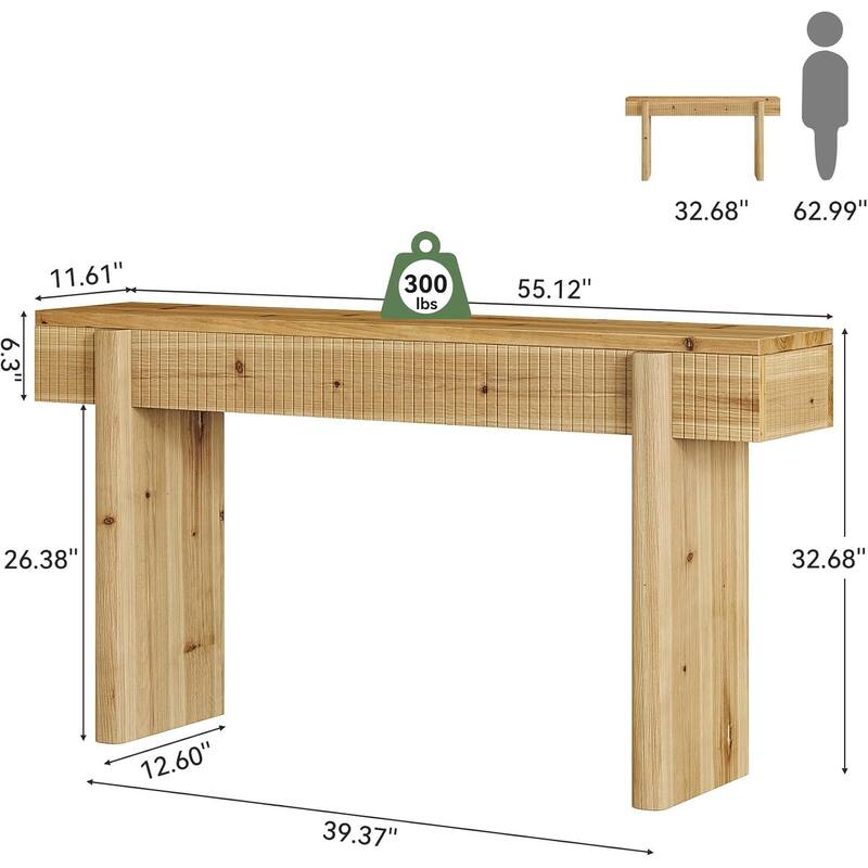 55 Inch Solid Wood Entryway Console Table with Grooves Detail
