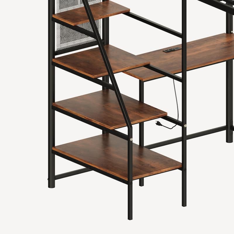 Twin Size Loft Bed with Built-in Charging Station & LED Lighting, Heavy-Duty Metal Loft Bed Frame with Desk & Safety Guardrails