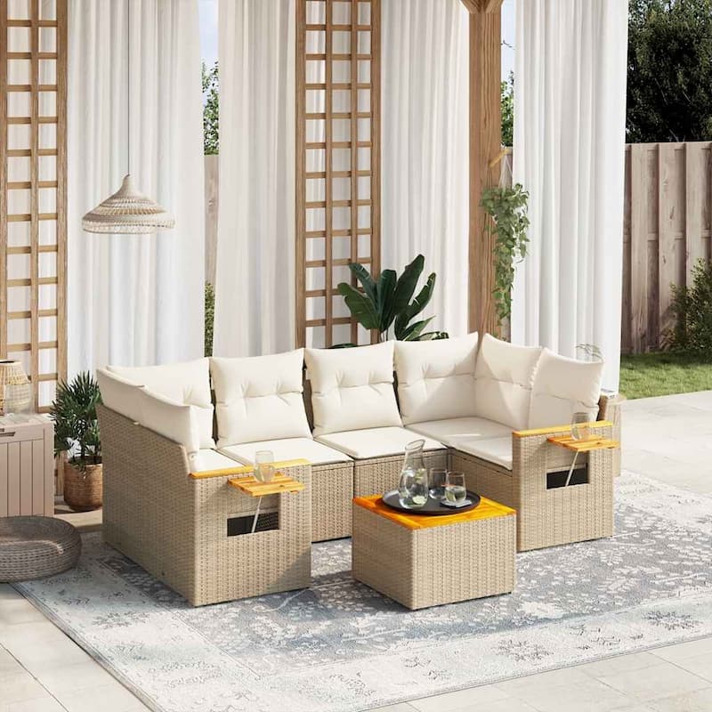 vidaXL Patio Sofa Set with Cushions Outdoor Furniture 7 Piece Poly Rattan - 21.7 x 21.7 x 14.6 in - Beige and cream