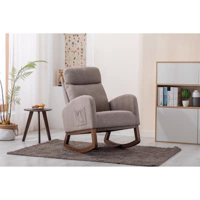 Grey Modern 27" Upholstered Rocking Chair with Wood Legs and Side Pocket