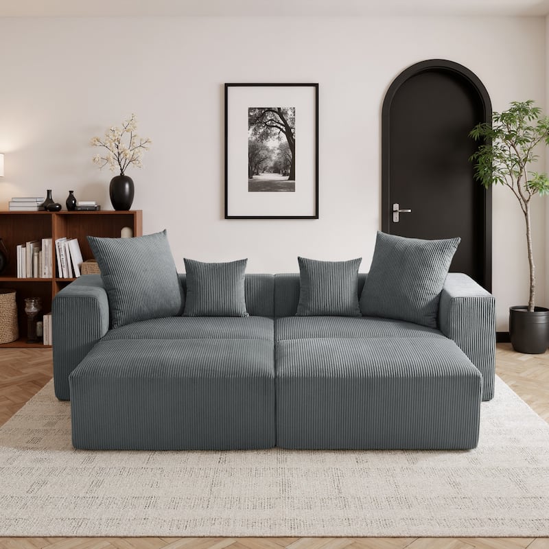 81"W No Assembly Corduroy Modular Sectional Sofa with Ottoman - Grey