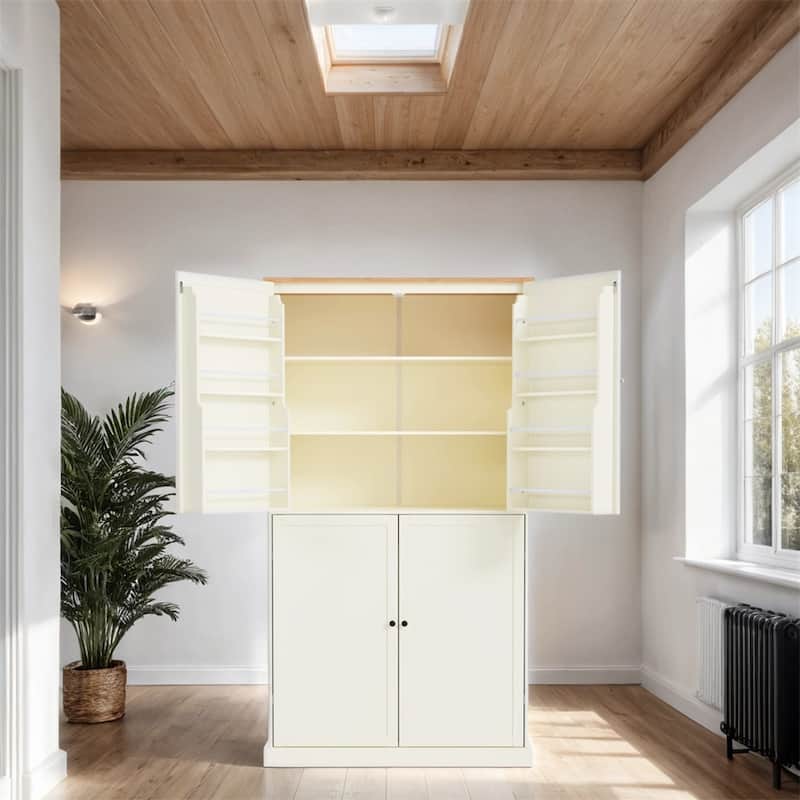 Freestanding Kitchen Pantry w/ Drawer, Adjustable Shelves,Door Shelves - Cream