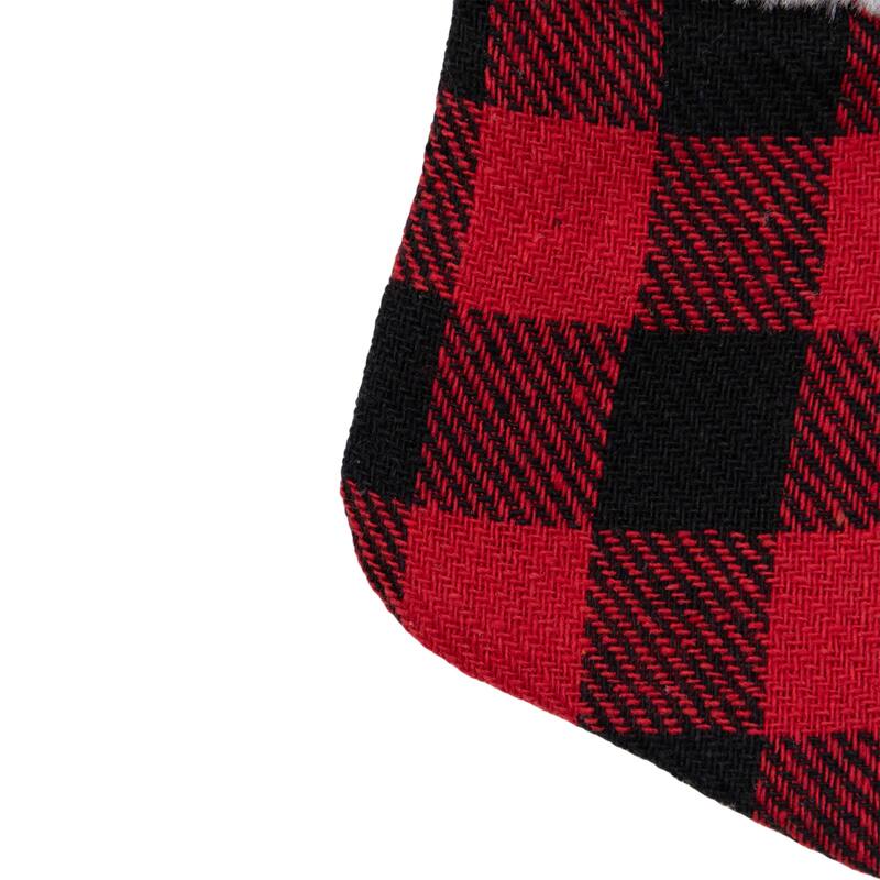 7" Red and Black Plaid Print Christmas Stocking with Faux Fur Cuff