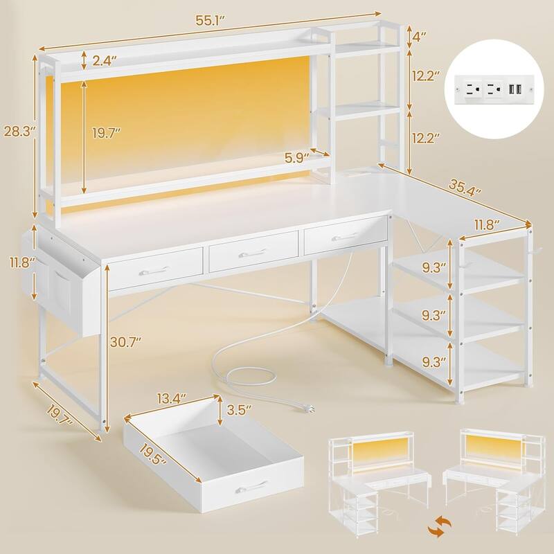 55" L Shaped Gaming Desk Corner Computer Desk Fabric Drawers
