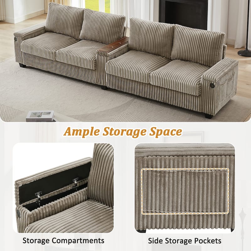 4 Seater Corduroy Sofa Couch with USB Ports and Storage Arms, 133" Modern Sofa with Side Pockets and Flip-Top Cup Holders