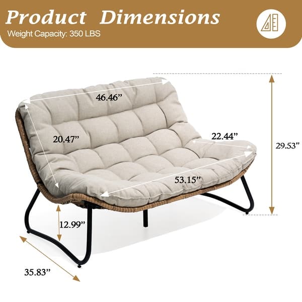dimension image slide 1 of 4, All-Weather PE Rattan Double Papasan Chair Loveseat with Soft Cushion for Indoor Outdoor