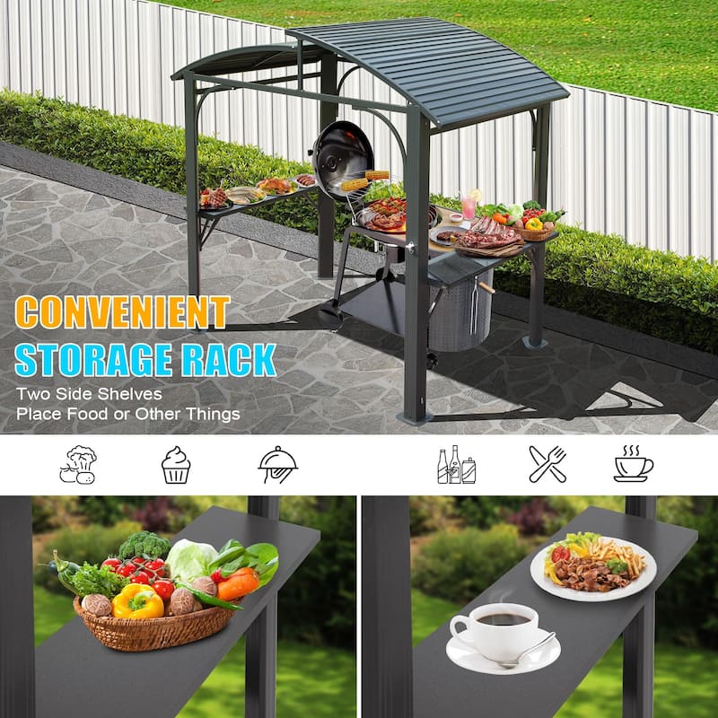 Outdoor Grill w/Double Galvanized Steel Roof and 2 Side Shelves - Grey