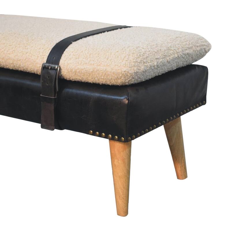 Artisan Furniture Solid Wood Bouclé Buffalo Hide Black Leather Bench