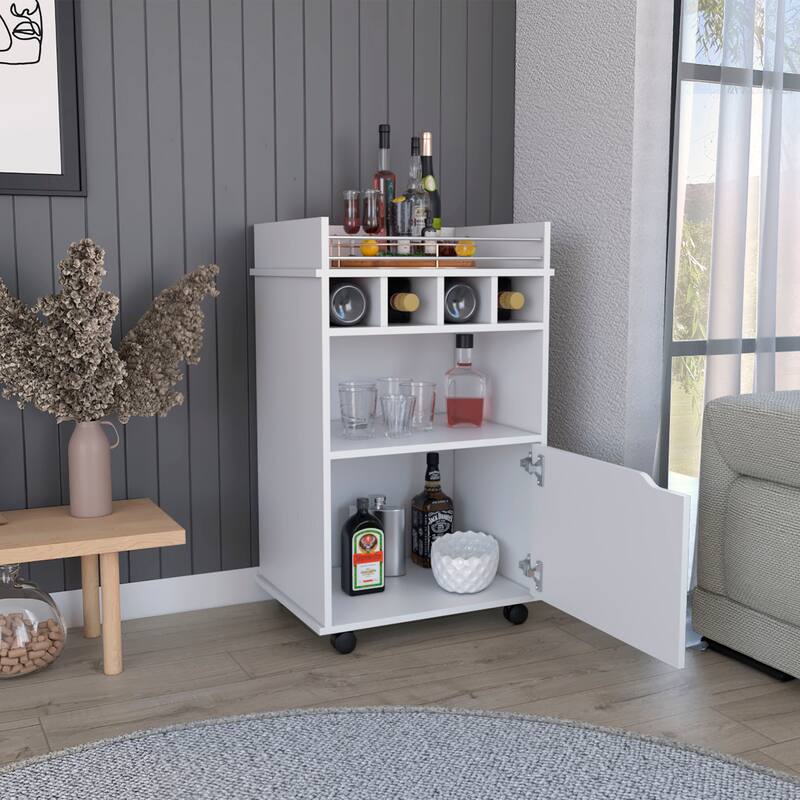 Bar Cart with 2 Open Shelves 4 Cubbies and Cabinet