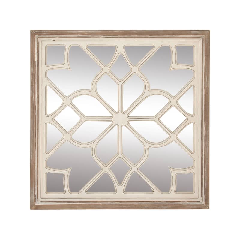 Wood Floral Wall Mirror with Carved Overlay and Brown Frame - White - Roche River Decor - 1"W x 30"L x 30"H