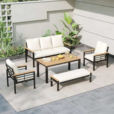5-Piece Iron & Wood Patio Conversation Set with 3-Seat Sofa