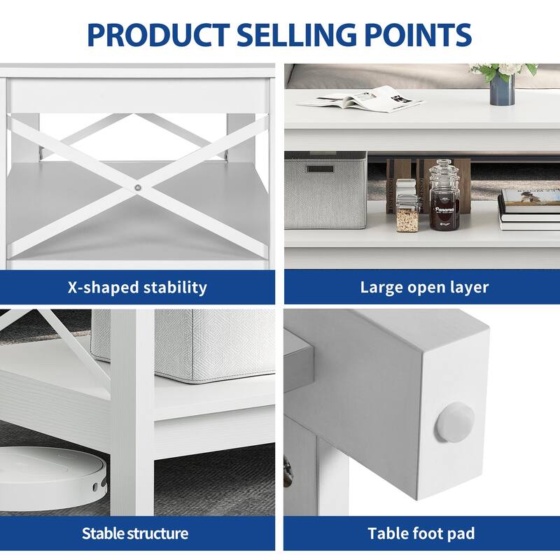 Moasis Farmhouse Coffee Table with Shelf, 2-Tier Center Table for Living Room