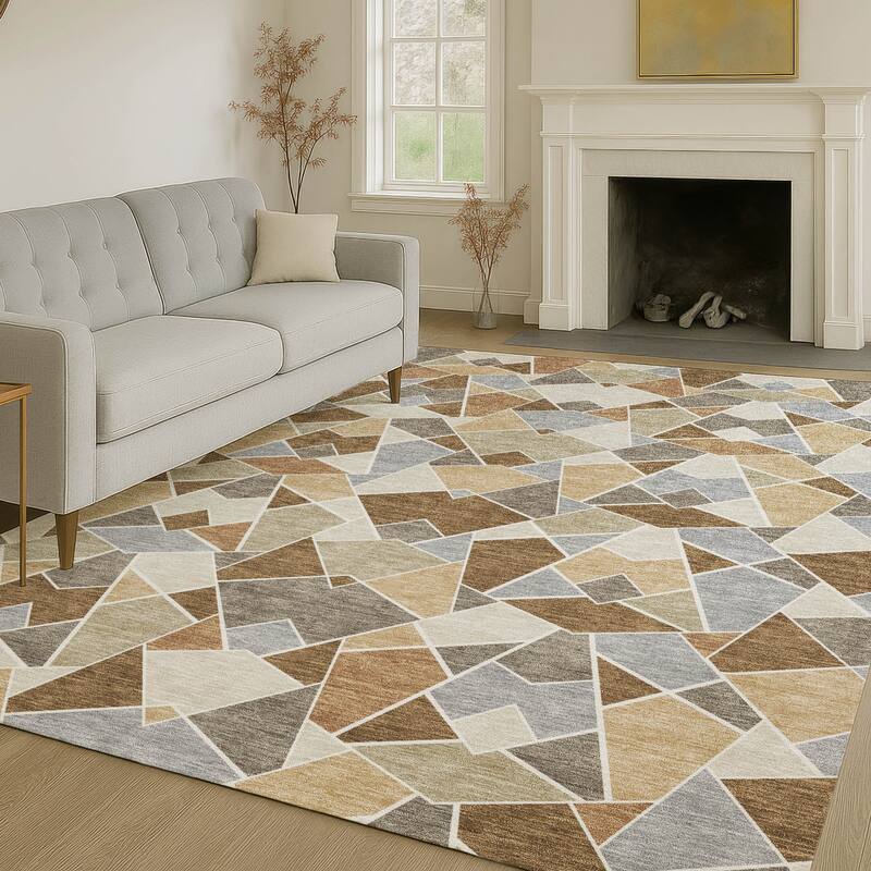 Machine Washable Indoor/ Outdoor Modern Mosaic Chantille Rug