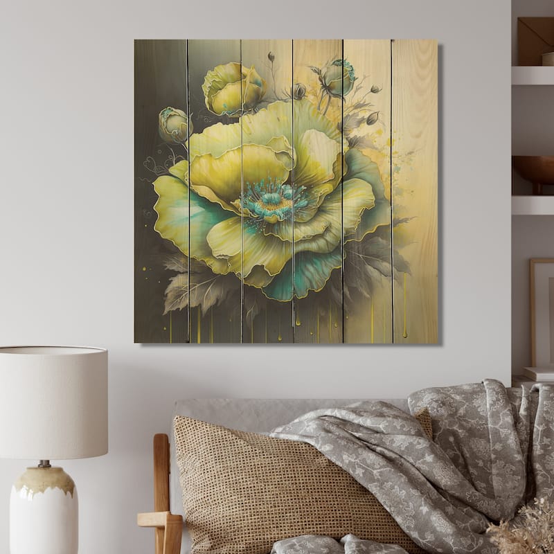 Designart 'Green Blooming Flower I' Floral Wood Wall Art - Natural Pine Wood