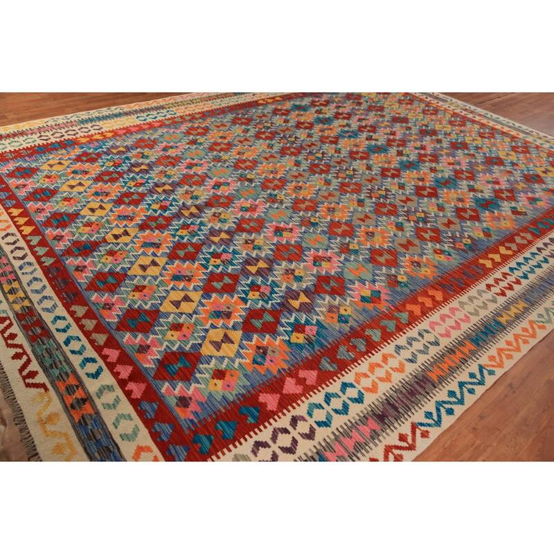 Multi-Color Kilim Oriental Area Rug Flatweave Wool Carpet - 9'9"x 12'11"