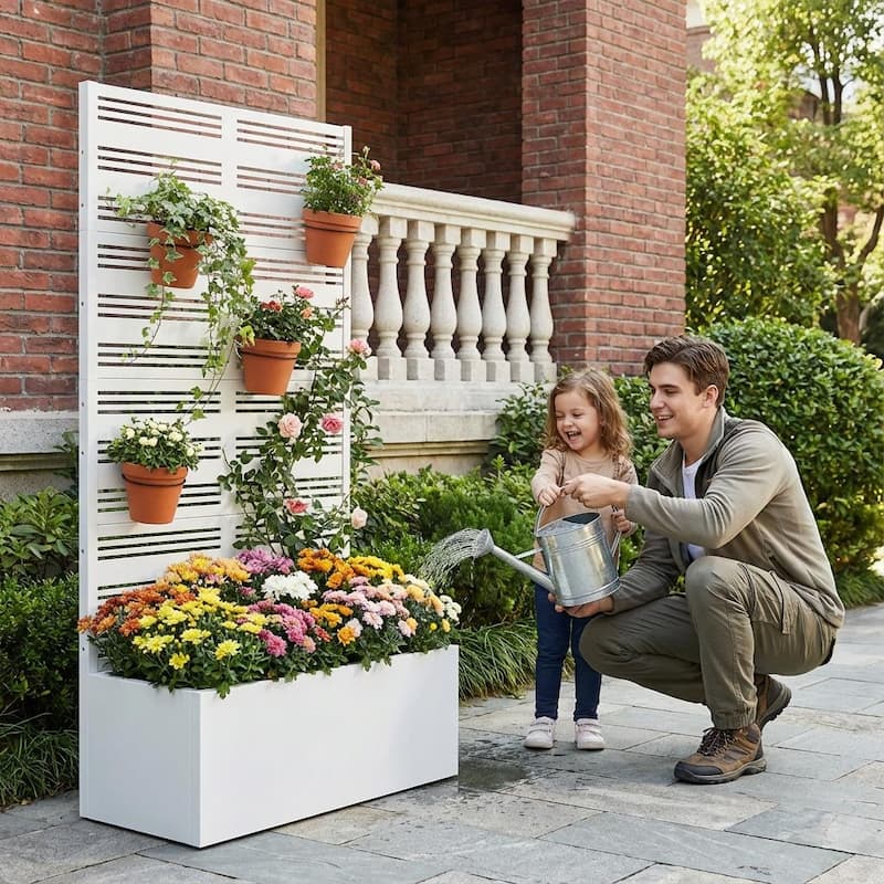 Metal Galvanized Planter Box with Trellis Privacy Screen Lockable Wheels