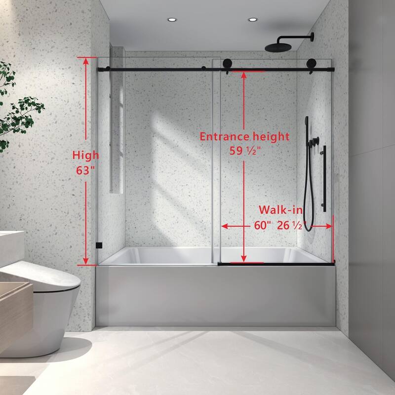56"-60"W x 70"Frameless Tub Door with Adjustable Soft-Close Feature