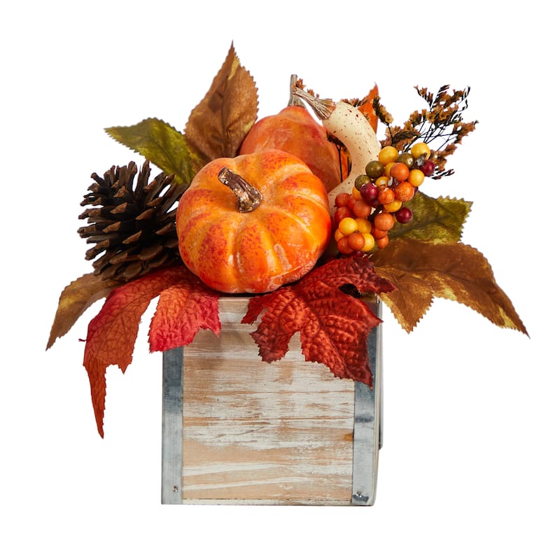 8” Pinecone and Pumpkins Fall Harvest Artificial Arrangement in Washed Vase
