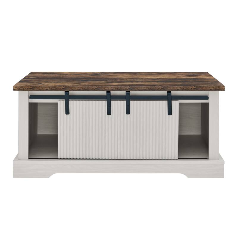 41.3 Inch Coffee Table with Storage and Sliding Wood Door, Farmhouse and Industrial Cocktail Table with Adjustable Shelv