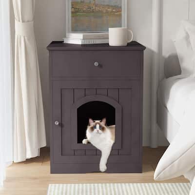 Wooden Pet House Cat Litter Box Enclosure With Drawer, Side Table, Indoor Pet Crate - 20.9''L x 18.9''W x 25'' H
