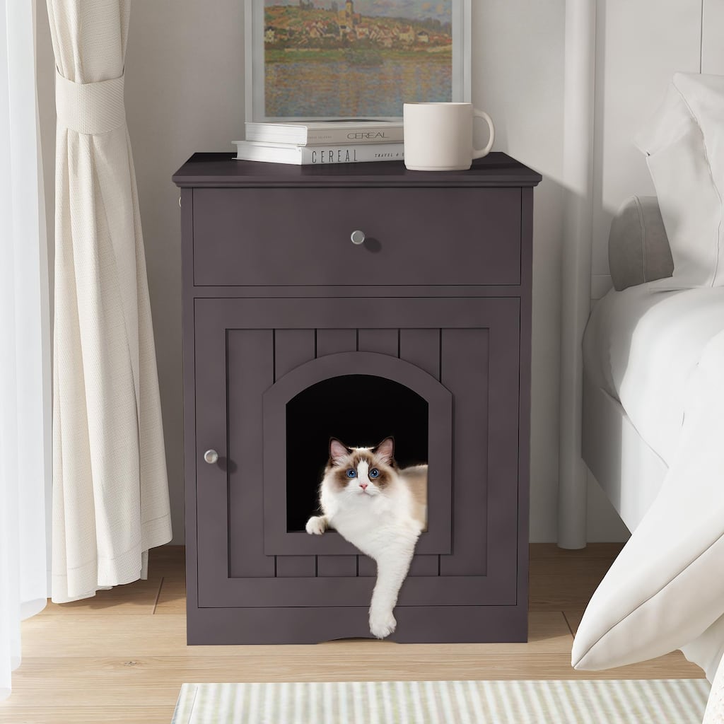 Wooden Pet House Cat Litter Box Enclosure With Drawer, Side Table, Indoor Pet Crate - 20.9''L x 18.9''W x 25'' H