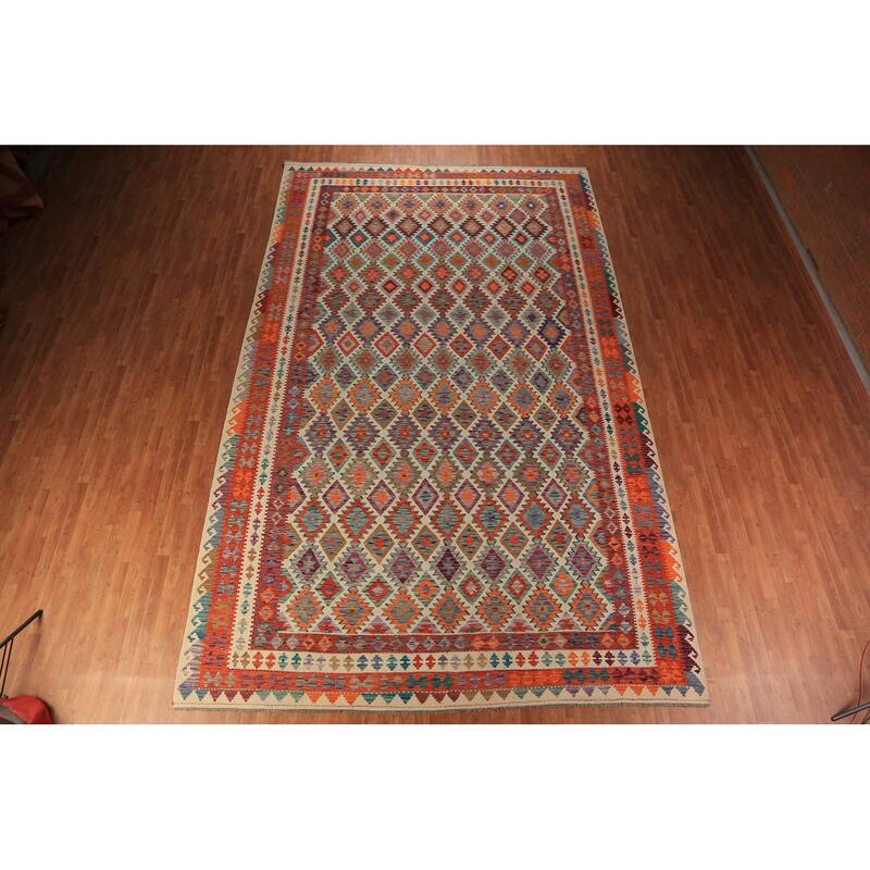 Geometric Kilim Oriental Large Rug Bedroom Hand-Woven Wool Carpet - 9'11"x 16'2"