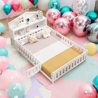 Kids and Baby Full Size Platform Bed with Bookcase and Chalkboard