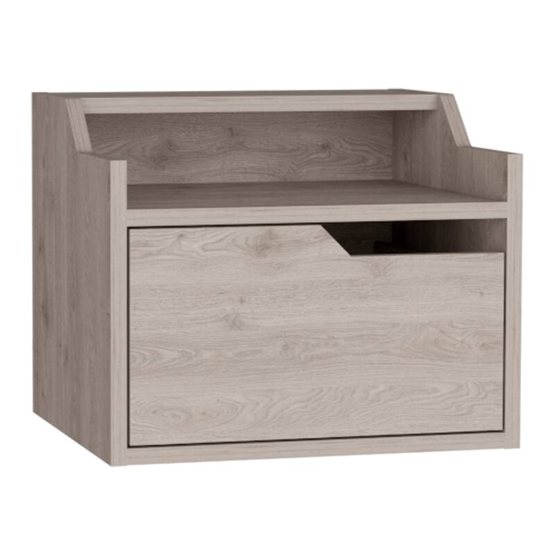 Floating Nightstand with Single Drawer, Modern Dual-Tier Design in Light Gray