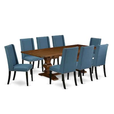 9-Piece Dining Set - Linen Fabric Parsons Chairs & Wooden Table - Antique Walnut & Black Finish - 92