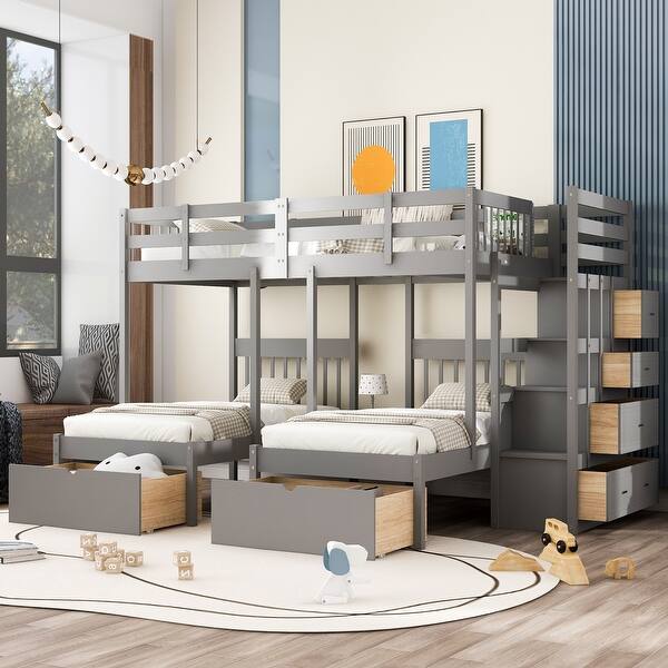 slide 2 of 11, Full Over Twin & Twin Bunk Bed with Drawers, Triple Bunk Bed with Guardrails, Pine Wooden Bed with Staircase, Grey Grey