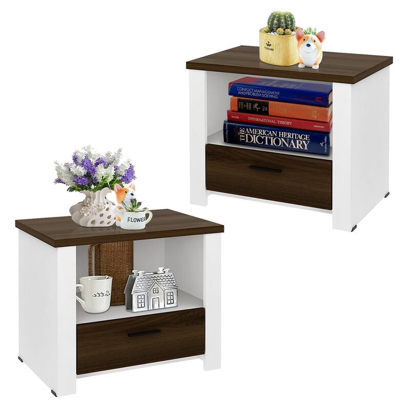 Gymax 2PCS Accent Nightstand Drawer and Open Shelf Sofa End Table - Brown, White - 2-drawer