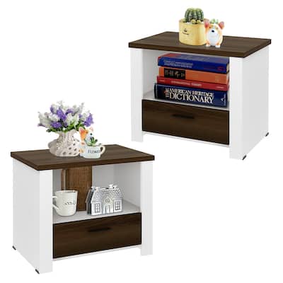 Gymax 2PCS Accent Nightstand Drawer and Open Shelf Sofa End Table