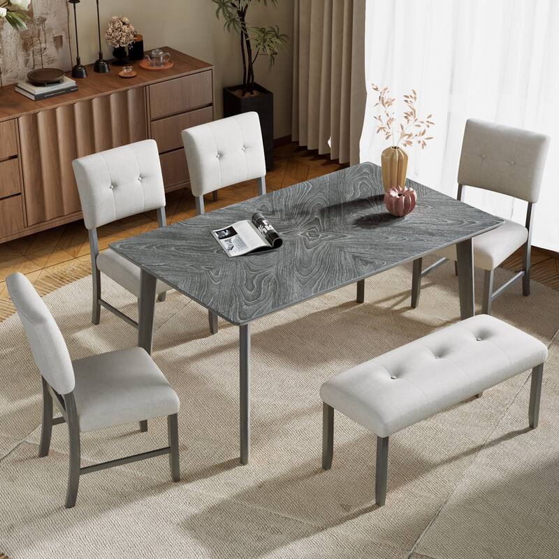 6 Piece, Rustic Farmhouse Dining Table Set with Rectangular Table with 4 Upholstered Chairs and 1Bench, for Dining Room - Grey
