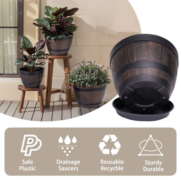 Javlergo (9"/11.3"/13") 3-Pack Different Size Plastic Planter Whiskey Barrel Planter Decoration Flower Pots with Drainage Holes - Brown