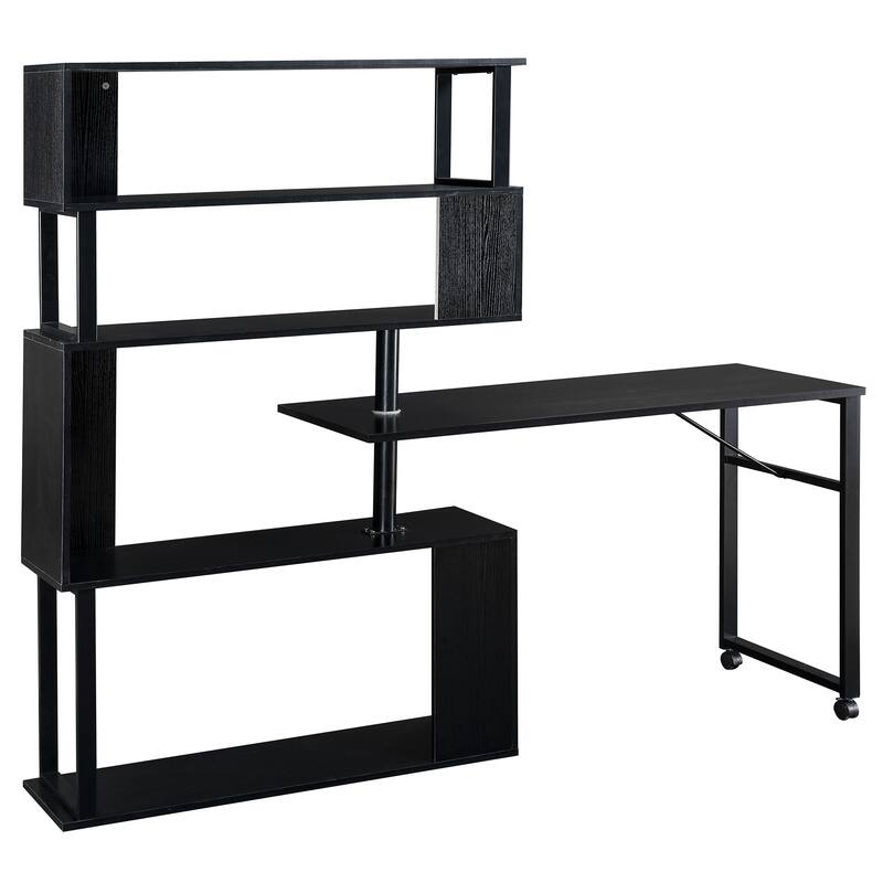 Home Office Computer Desk L-Shaped Corner Table, Rotating Office Desk with 5-Tier Bookshelf & Lockable Casters