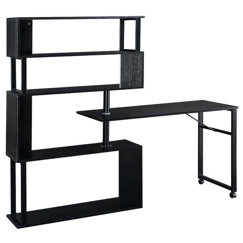 Roomfitters L-Shaped Home Office Desk, Corner Computer Table with 5-Tier Bookshelf, Lockable Casters, 4 Setups, Black