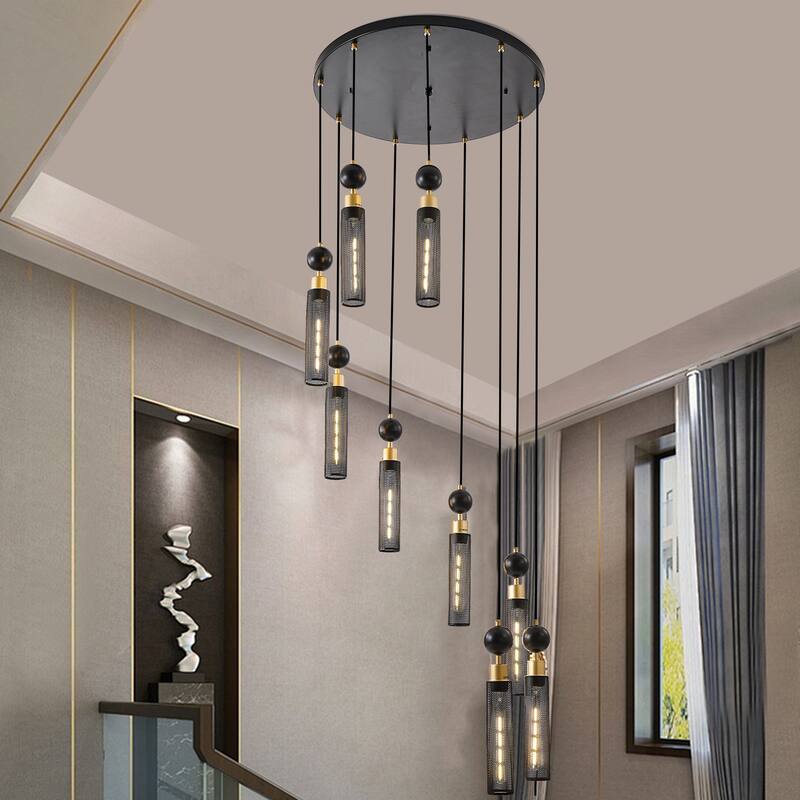 Industrial-Style 9-Light Chandelier Ceiling Light with Mesh Cylinder Shades, for Living Rooms, Dining Rooms and Staircases