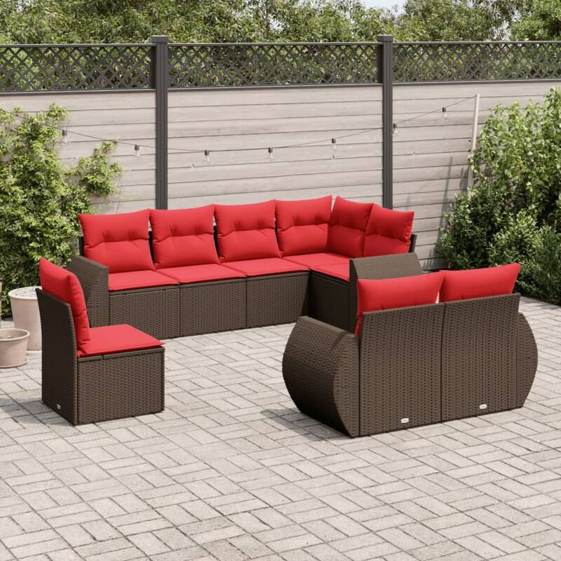 vidaXL 8 Piece Patio Sofa Set with Cushions Grey Poly Rattan - 24.4" x 24.4" x 27.2" - Brown and red Without table