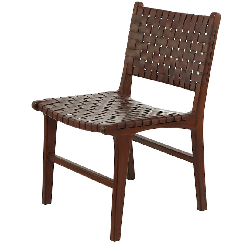 Brown, Black, White Leather Handmade Woven Kitchen Dining Chair with Teak Wood Frame