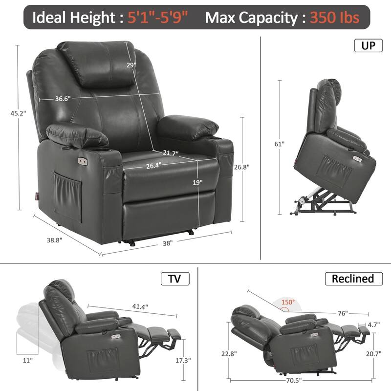MCombo Medium-Wide Power Lift Recliner Chair Sofa with Massage and Heat for Elderly People, Faux Leather R7045