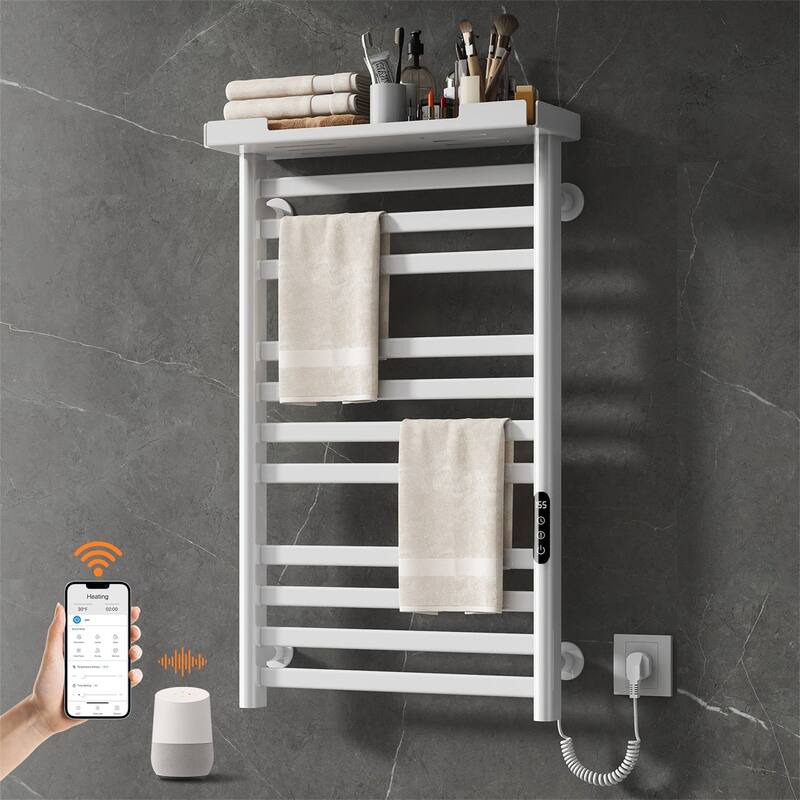 Heated Towel Rack with Shelf and Wi-Fi App Control - White