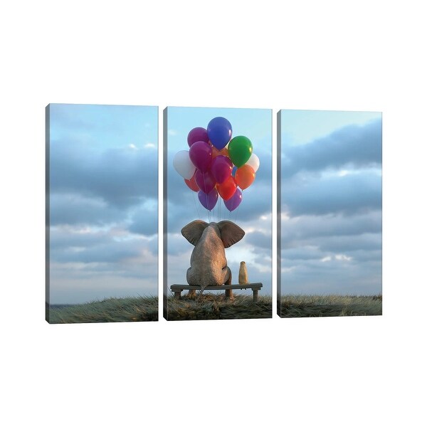 iCanvas "Elephant And Dog Sit In The Meadow With Helium Balloons" by Mike Kiev 3-Piece Canvas Wall Art Set. Opens flyout.
