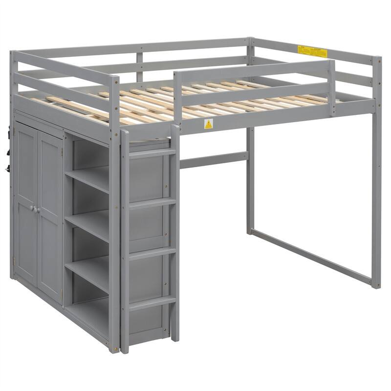 Solid Wood Loft Bed with Built-in Wardrobe and 4-Tier Storage Shelves, Full Size Loft Bedframe with LED Light and Ladder