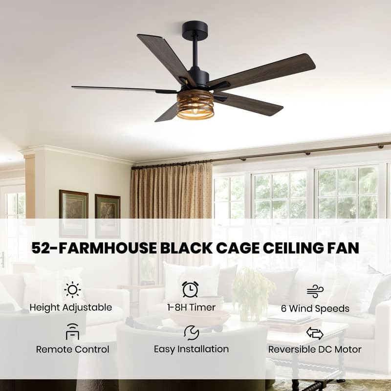 52 Inch Farmhouse Ceiling Fans with Lights and Remote Wood Black Industrial Rustic Caged Ceiling Fan for Bedroom Living Room