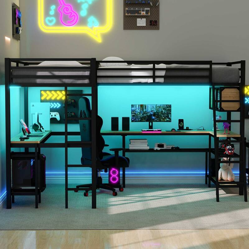 Roomfitters Metal Twin L-Shaped Loft Bed with 2 Desks, LED Lights and Charging Station, Black